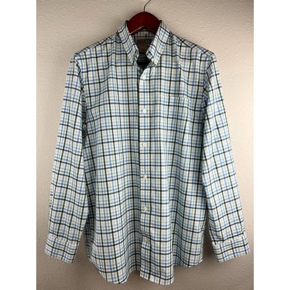 Duluth Trading Co. Large Trim Fit Blue Check Long Sleeve Button Up 100% Cotton - Picture 1 of 8